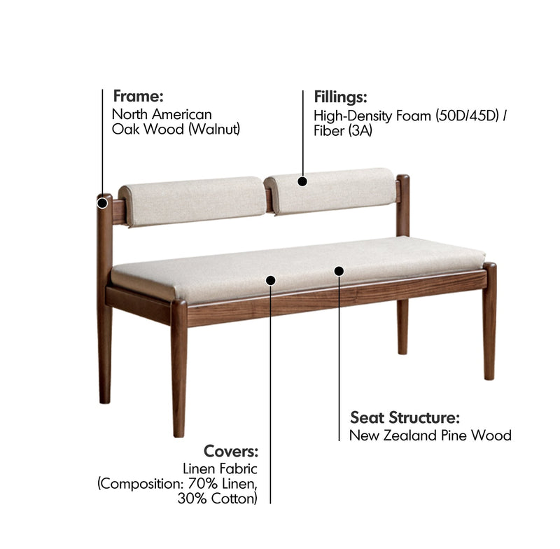 Japandi Oak Wood Mixed Weave Fabric Dining Bench PILLAR WALNUT Material Details Chart