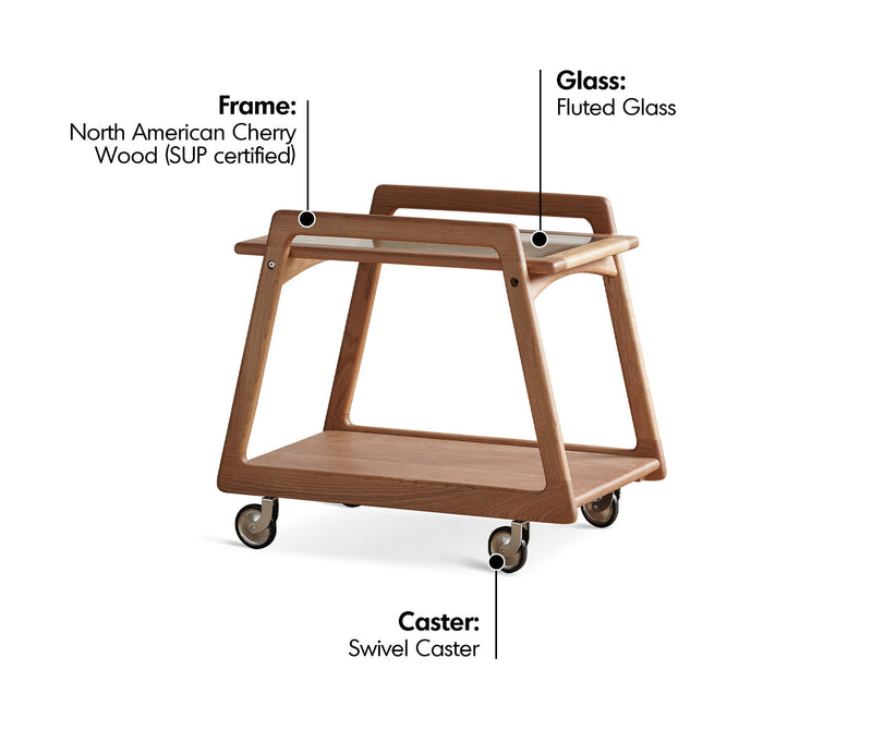 Scandinavian Cherry Wood Wheeled Trolley Side Table YOYO Material Details Chart
