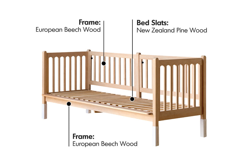 Scandinavian Beech Wood Height Adjustable Kids Sidecar Bed With Mattress Set SOVA Material Details Chart
