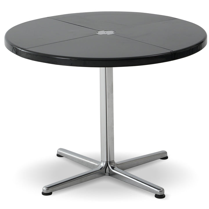 Minimalist abs steel round dining table donut in panoramic view.