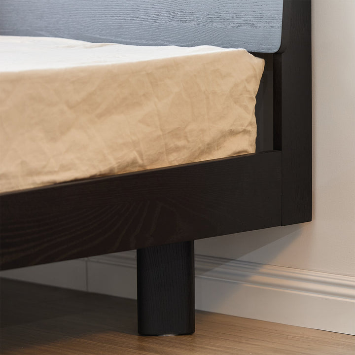 Minimalist ash wood veneer bed monk in panoramic view.