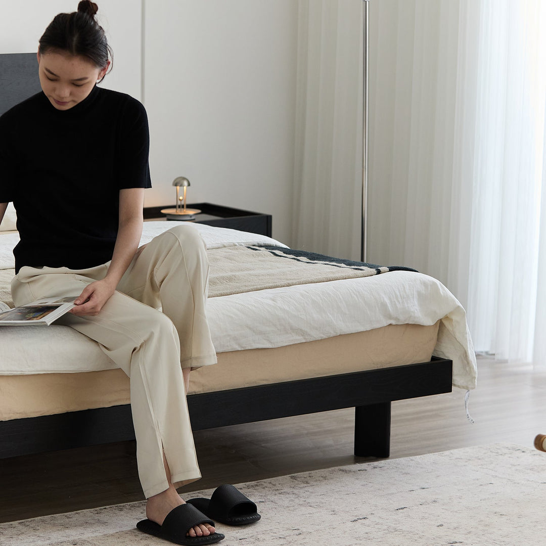 Minimalist ash wood veneer bed monk color swatches.