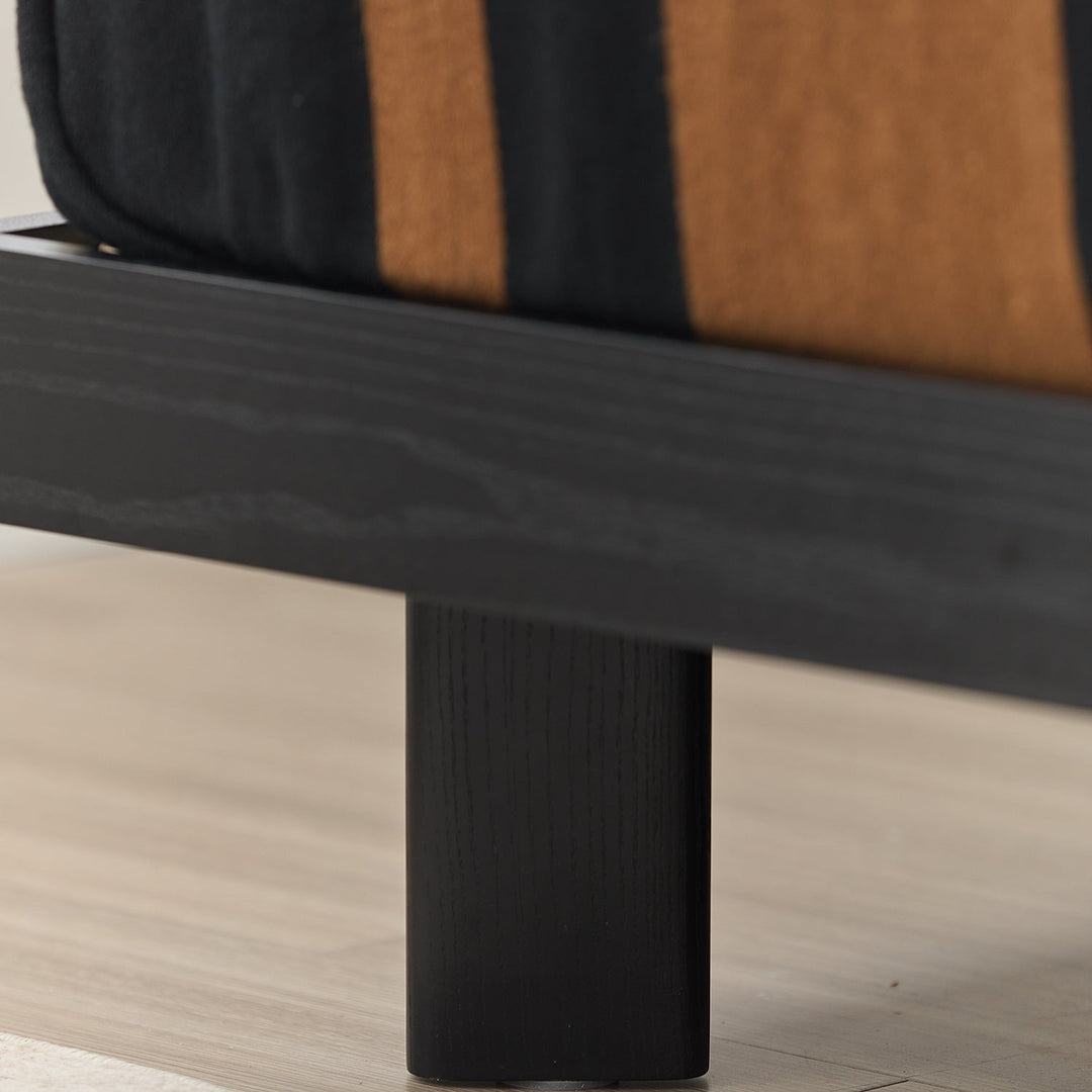 Minimalist ash wood veneer bed monk in close up details.