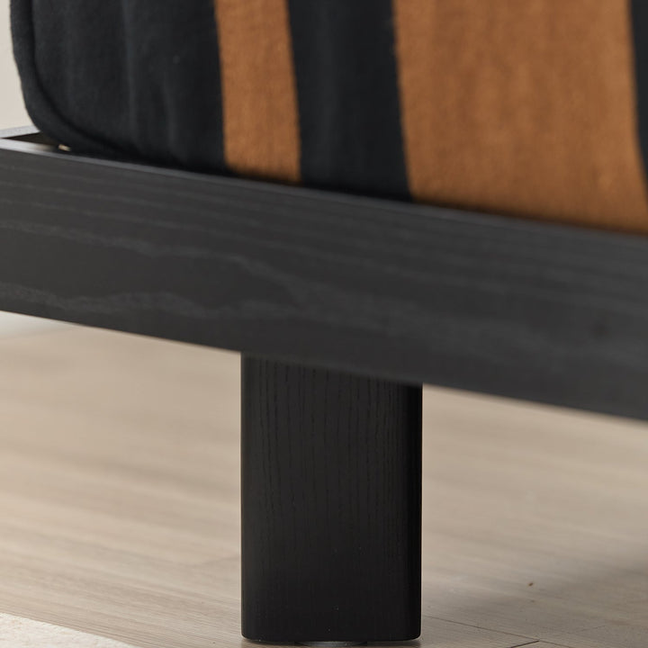 Minimalist ash wood veneer bed monk in close up details.