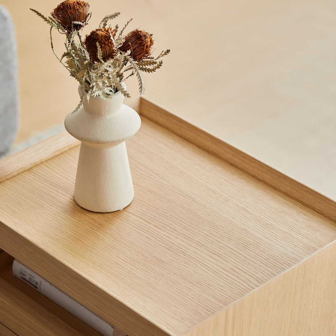 Minimalist ash wood veneer side table charl in panoramic view.