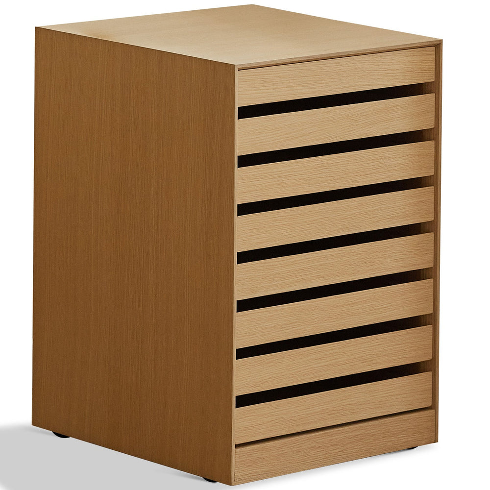 Minimalist ash wood veneer chest of 7 drawers lucy in white background.
