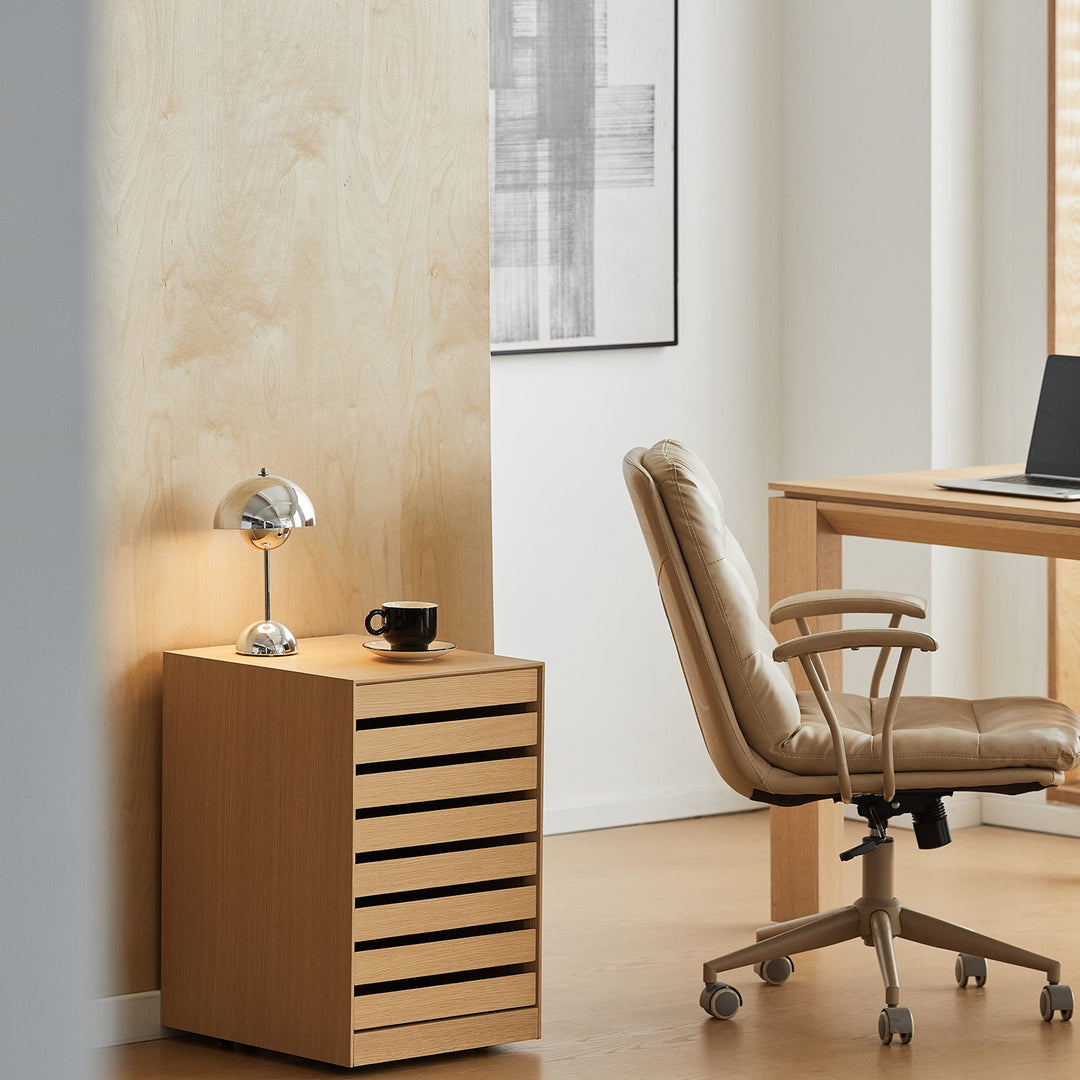 Minimalist ash wood veneer chest of 7 drawers lucy in close up details.