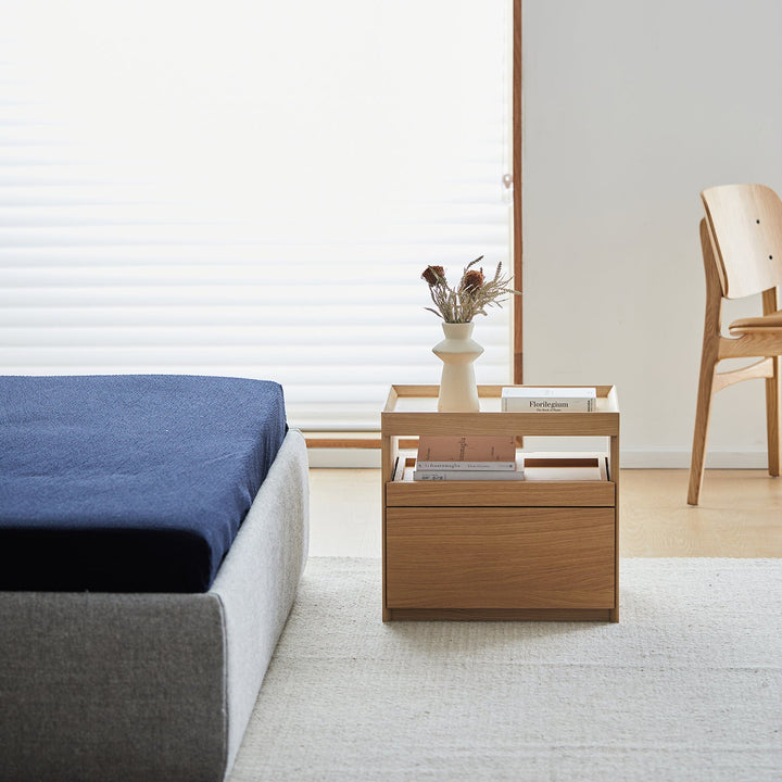 Minimalist ash wood veneer side table charl in close up details.
