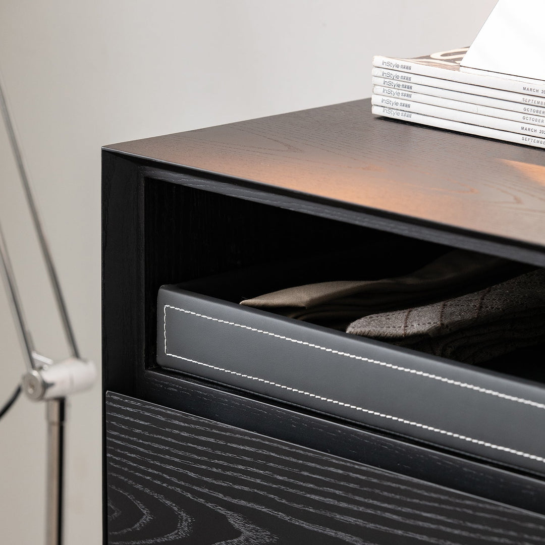 Minimalist ash wood veneer chest of 4  drawers grid with context.