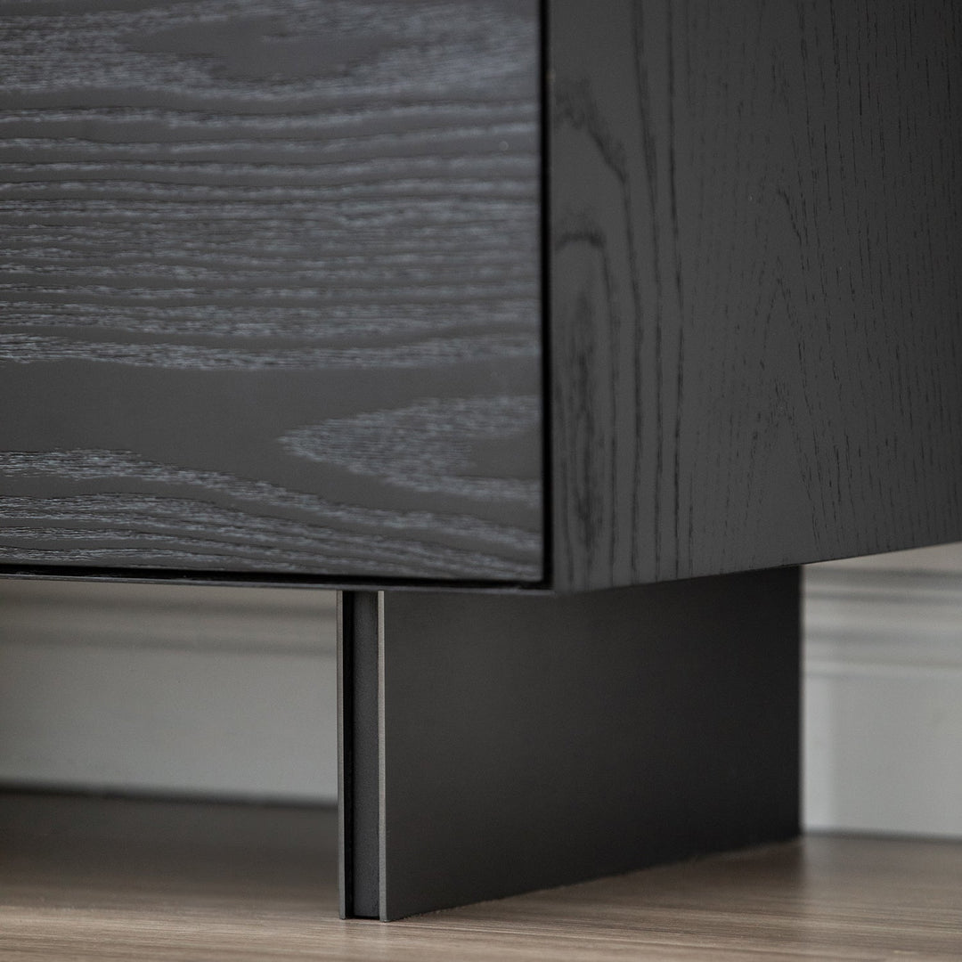 Minimalist ash wood veneer chest of 4  drawers grid in panoramic view.