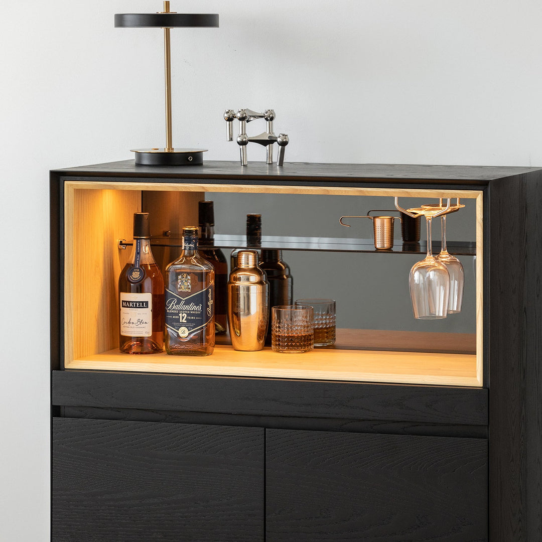 Minimalist ash wood veneer display cabinet  grid color swatches.