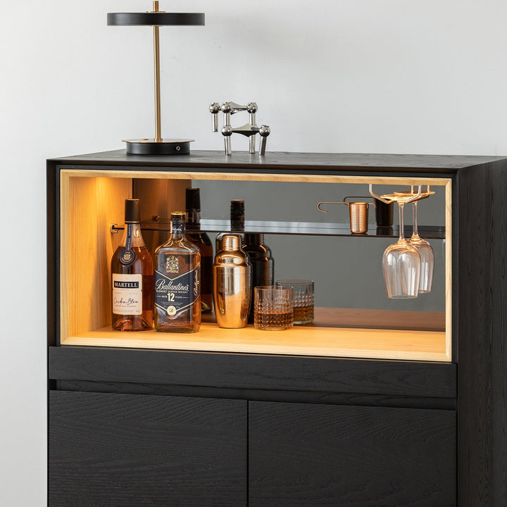 Minimalist ash wood veneer display cabinet  grid color swatches.