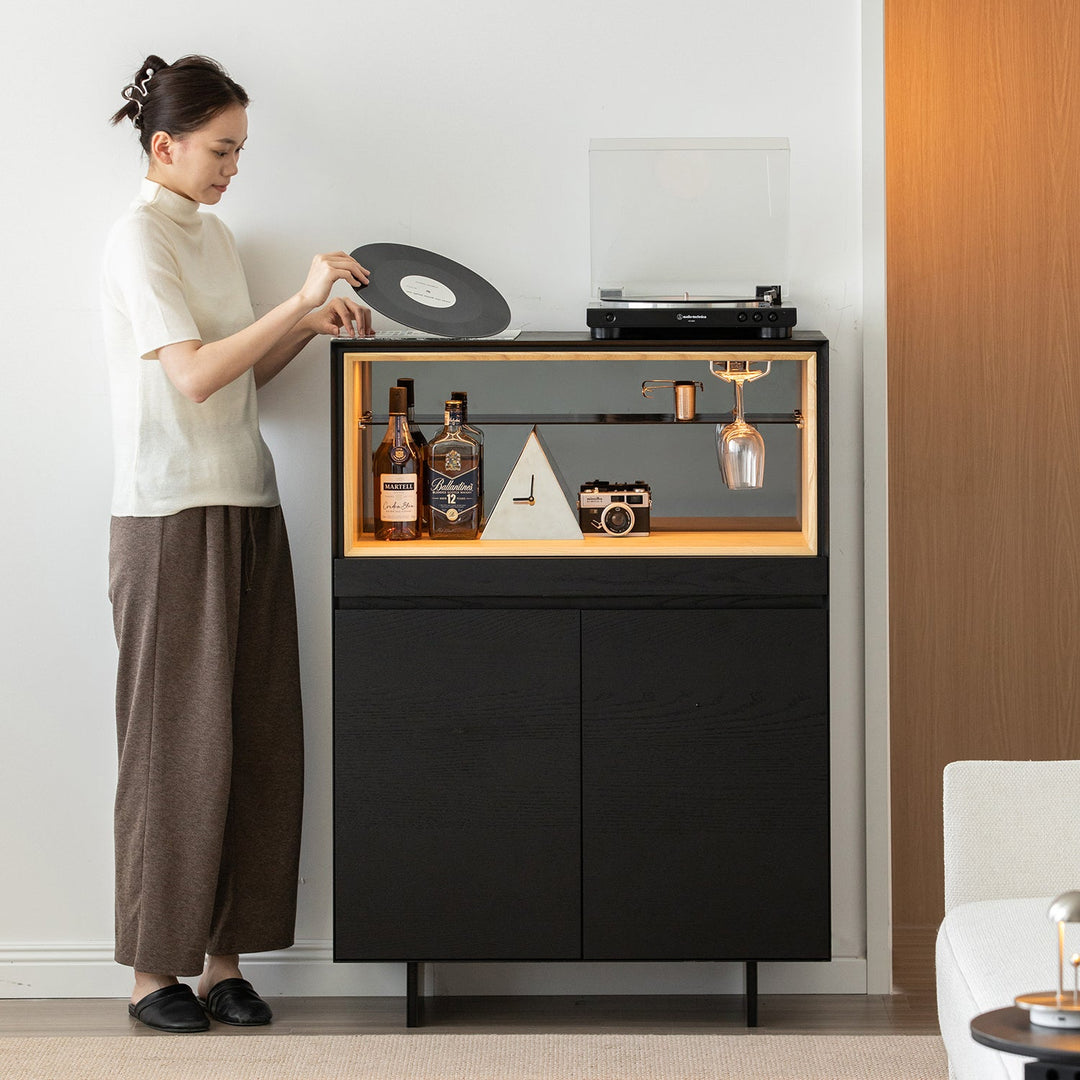 Minimalist ash wood veneer display cabinet  grid material variants.