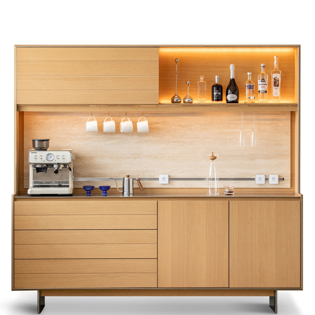 Minimalist ash wood veneer kitchen cabinet less in white background.
