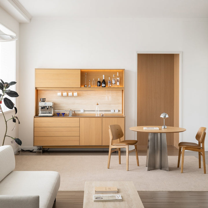 Minimalist ash wood veneer kitchen cabinet less in details.