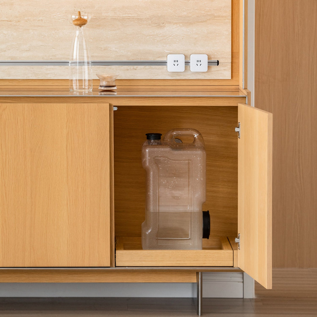 Minimalist ash wood veneer kitchen cabinet less in close up details.