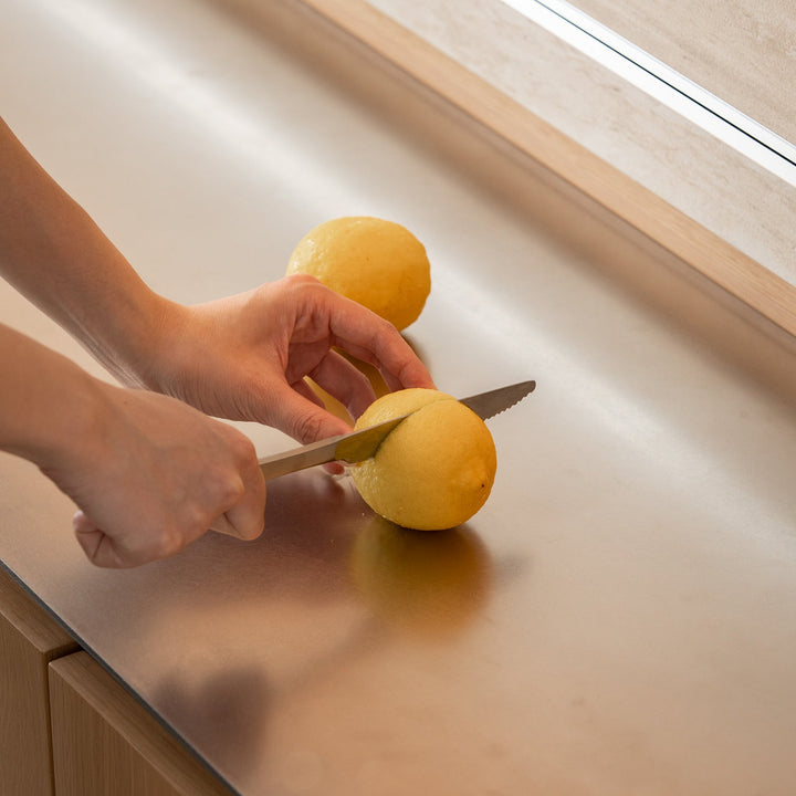 Minimalist ash wood veneer kitchen cabinet less in panoramic view.