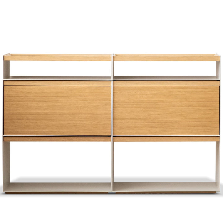 Minimalist ash wood veneer modular cabinet aesop in white background.