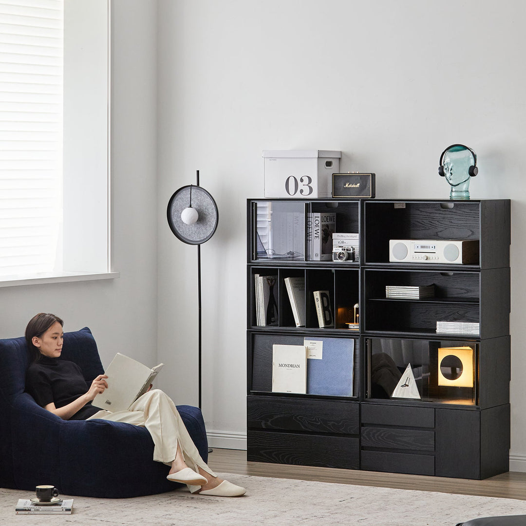 Minimalist ash wood veneer modular cabinet shadow primary product view.