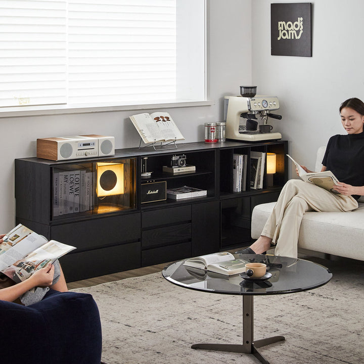 Minimalist ash wood veneer modular cabinet shadow material variants.