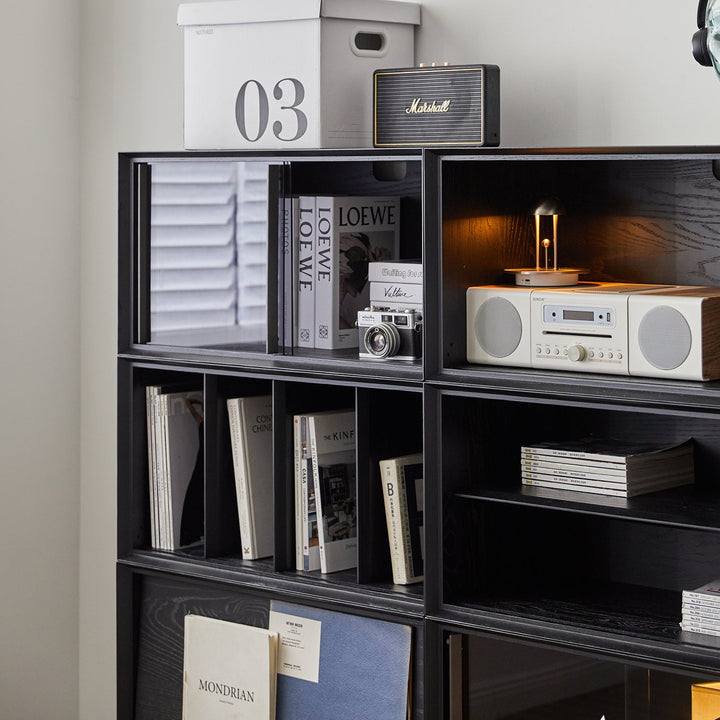Minimalist ash wood veneer modular cabinet shadow in close up details.