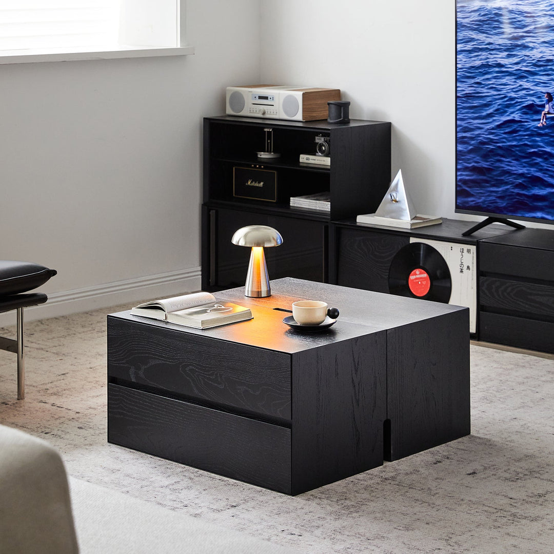 Minimalist ash wood veneer modular cabinet shadow conceptual design.