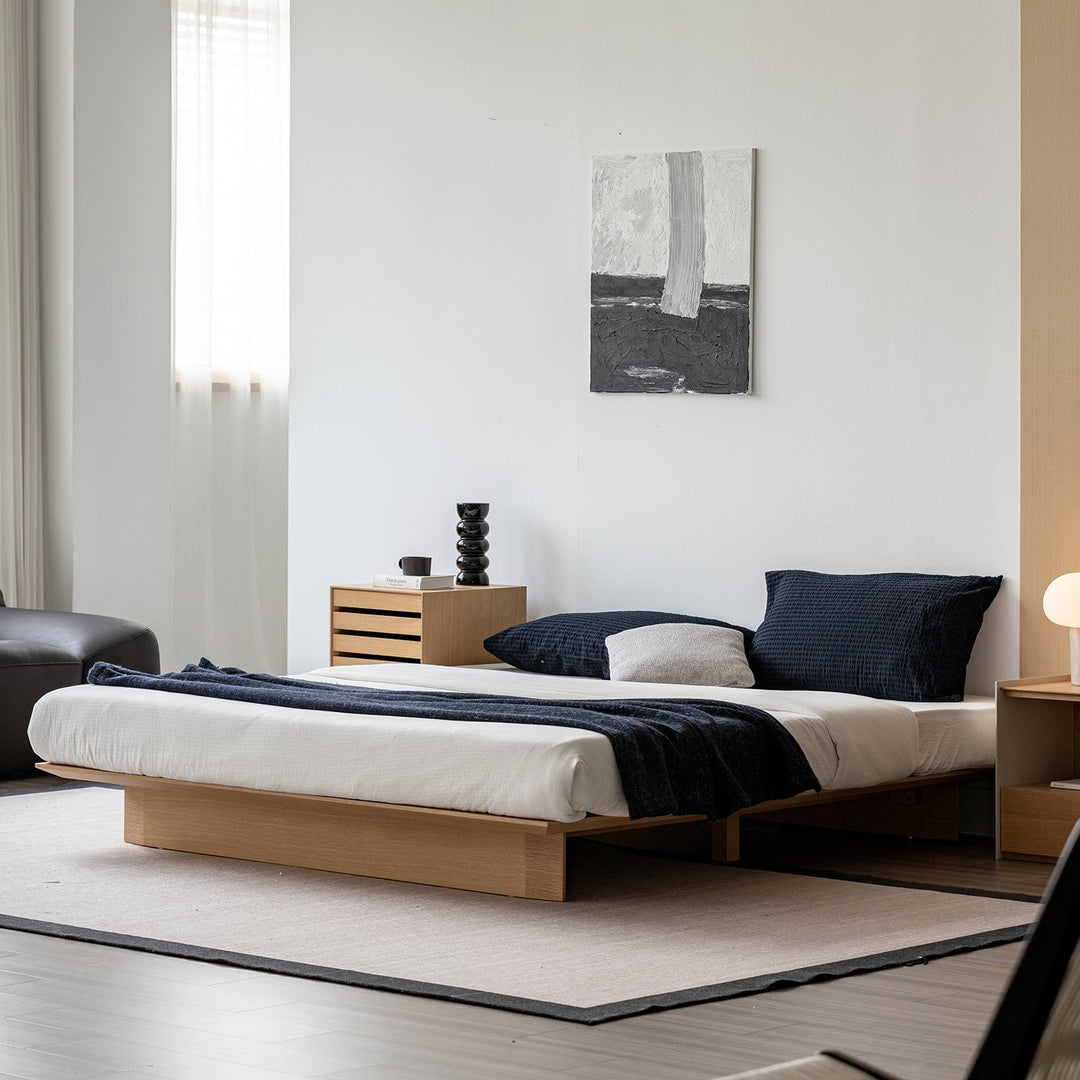 Minimalist ash wood veneer platform floating bed winter primary product view.