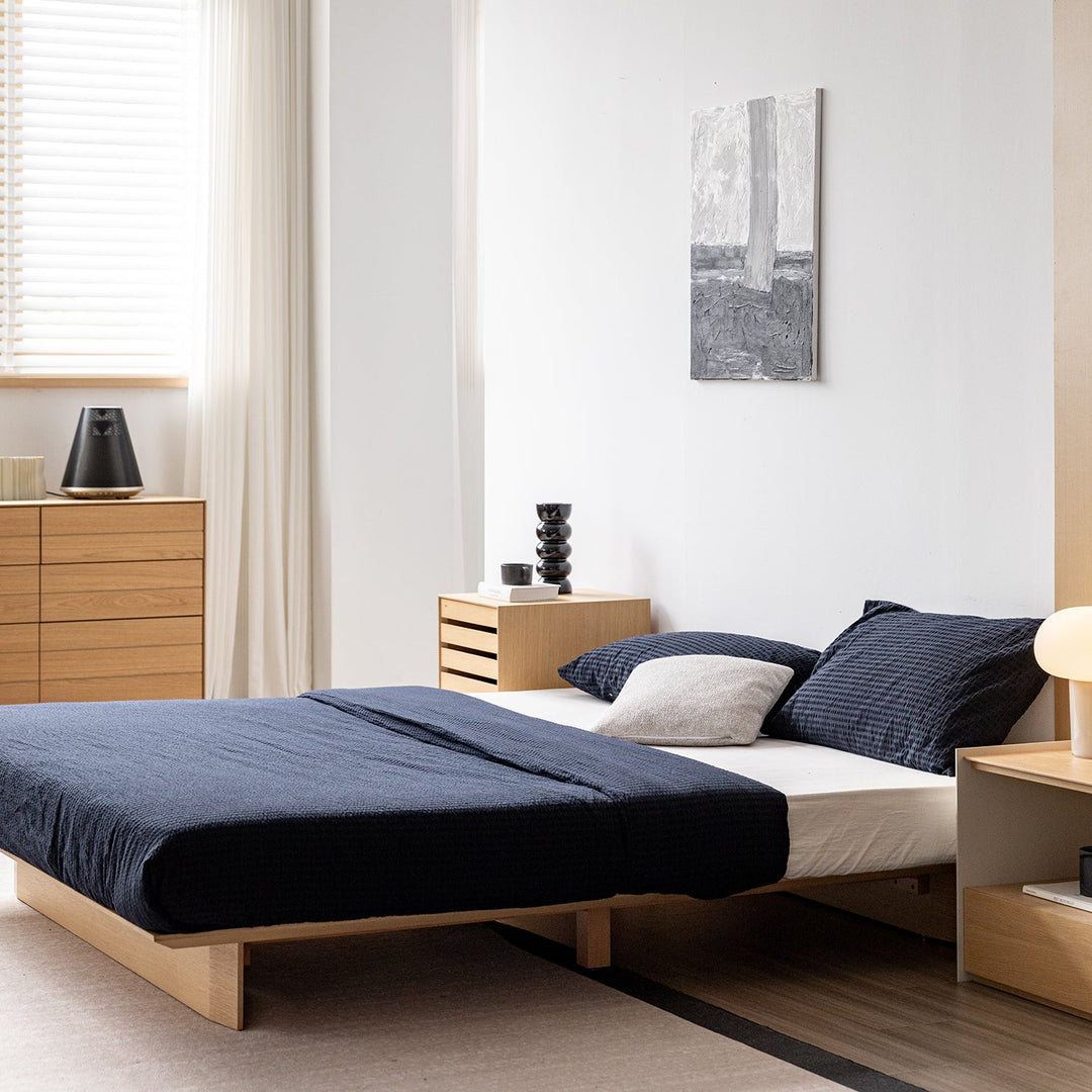 Minimalist ash wood veneer platform floating bed winter material variants.