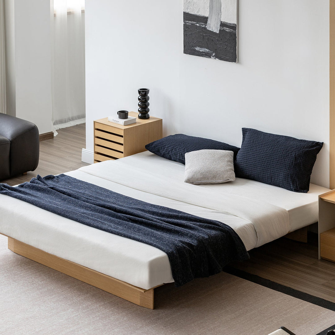 Minimalist ash wood veneer platform floating bed winter in real life style.