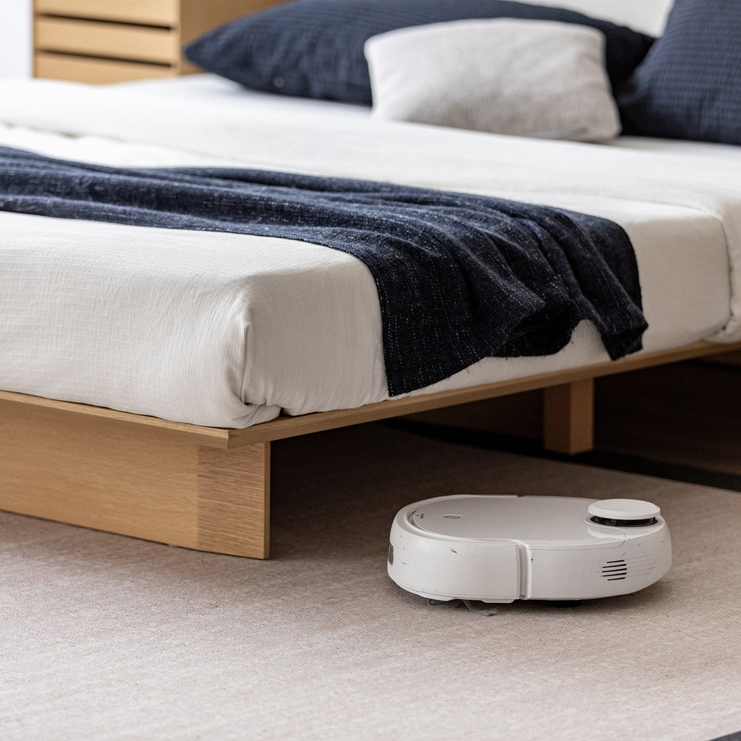 Minimalist ash wood veneer platform floating bed winter in panoramic view.