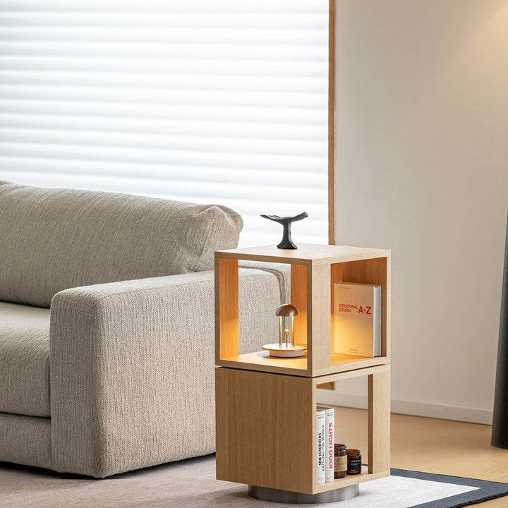 Minimalist ash wood veneer revolving side table axel in close up details.