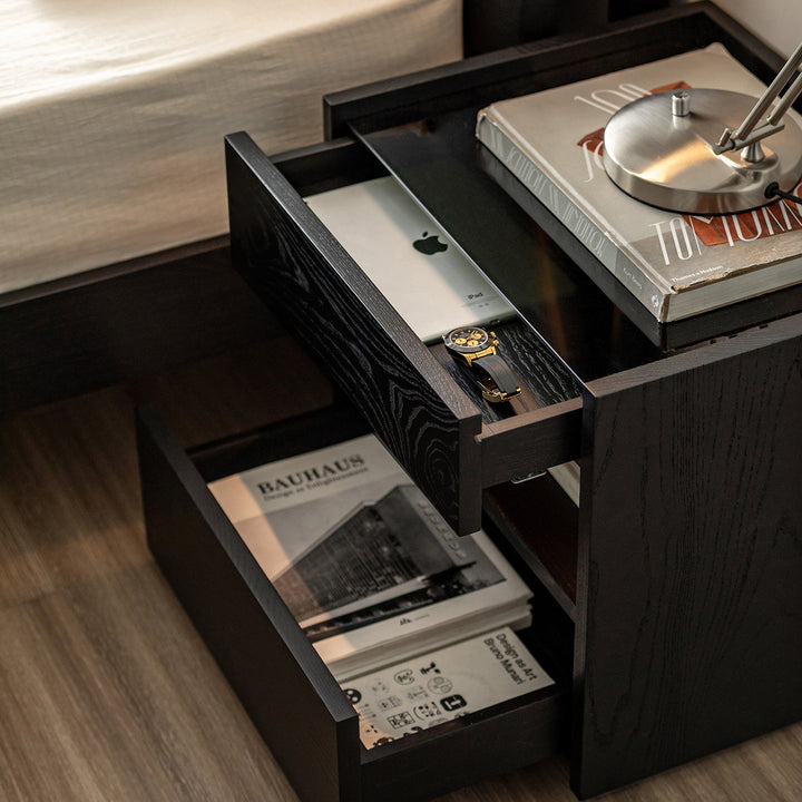 Minimalist ash wood veneer side table monk material variants.