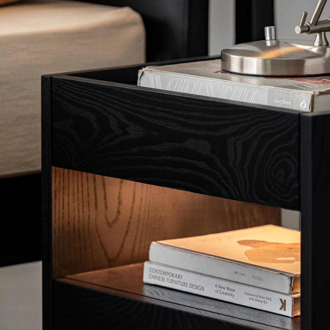 Minimalist ash wood veneer side table monk with context.