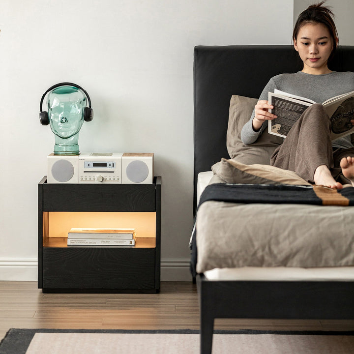 Minimalist ash wood veneer side table monk in close up details.