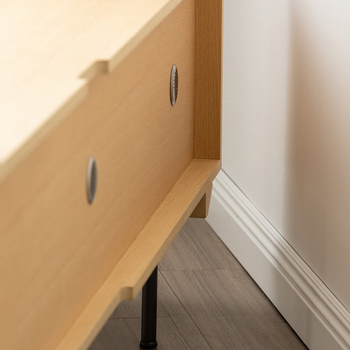 Minimalist ash wood veneer tv console colin in panoramic view.