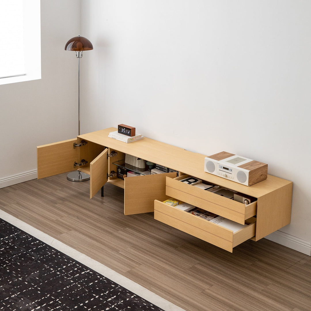 Minimalist ash wood veneer tv console colin in real life style.