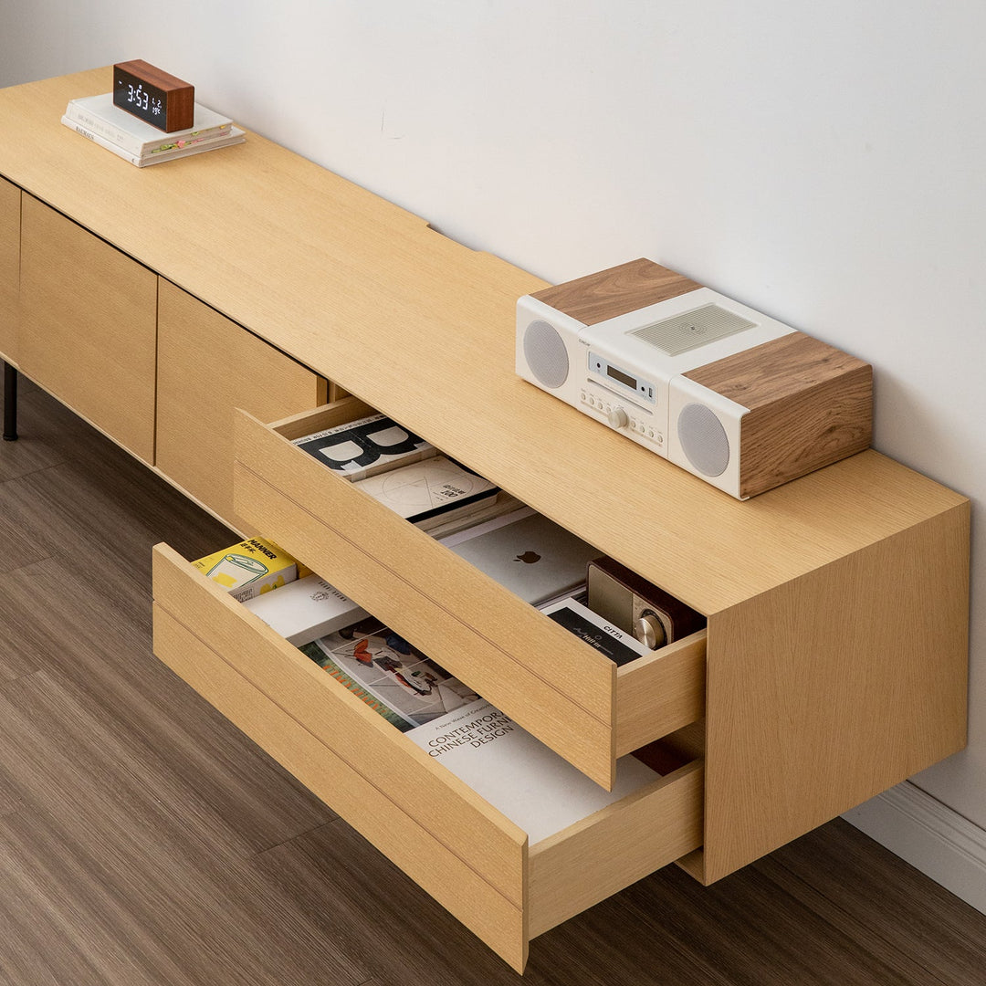 Minimalist ash wood veneer tv console colin with context.