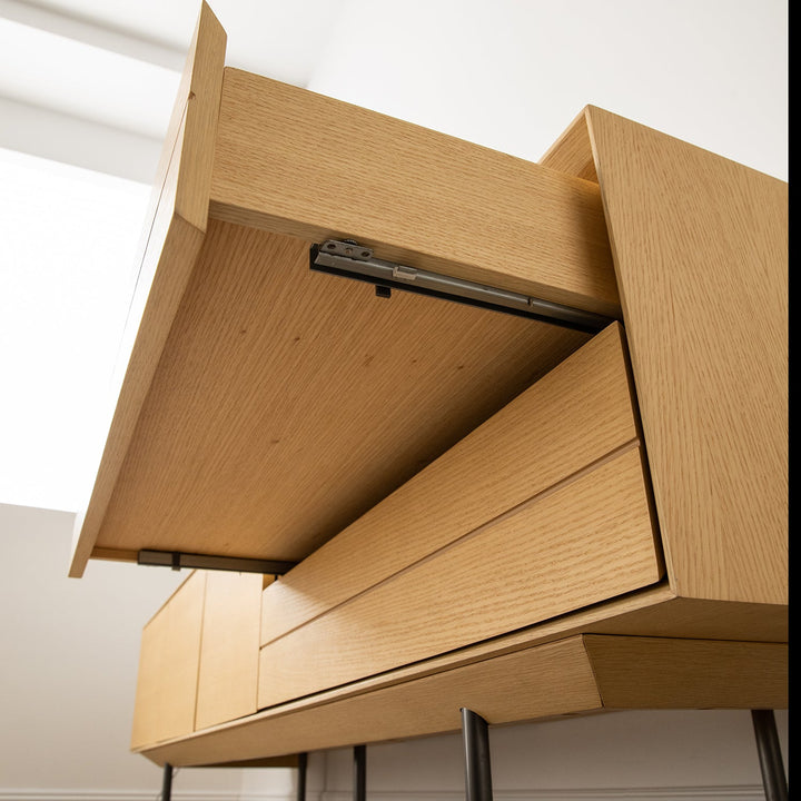 Minimalist ash wood veneer tv console colin in close up details.