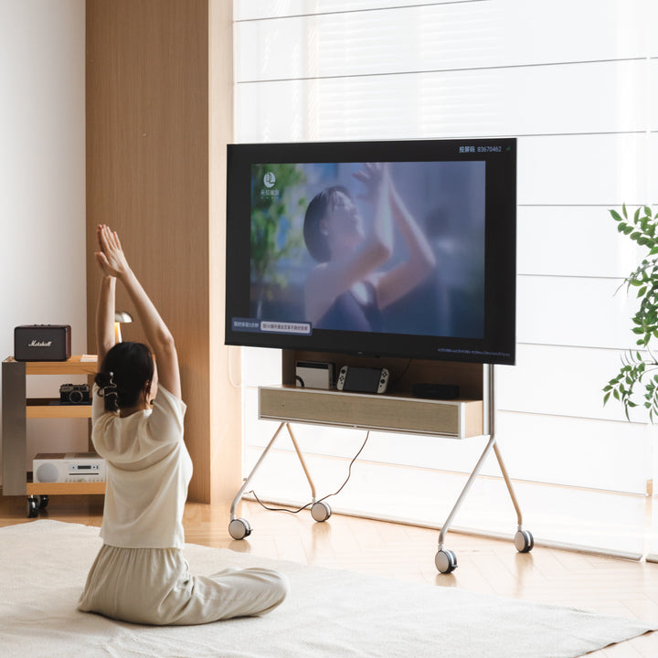 Minimalist ash wood veneer tv hanger roam in close up details.