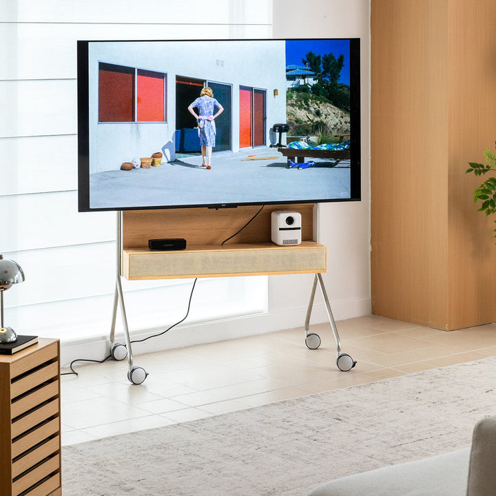 Minimalist ash wood veneer tv hanger roam in still life.