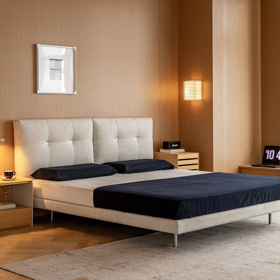 Minimalist boucle fabric bed morn primary product view.