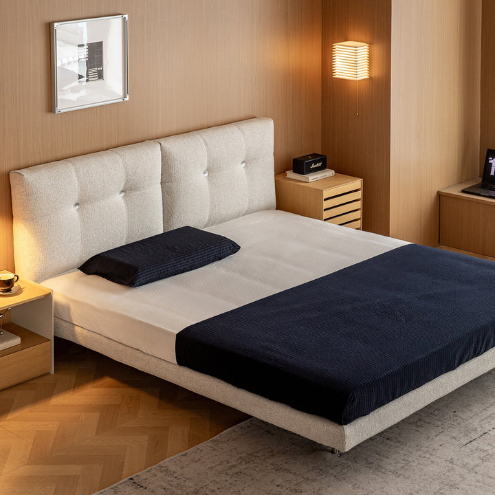 Minimalist boucle fabric bed morn color swatches.