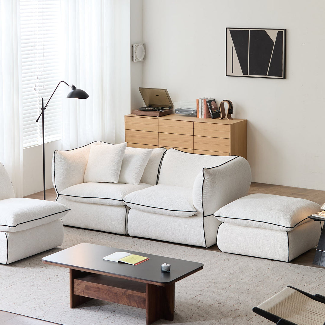 Minimalist chenille velvet fabric 2 seater sofa cloud in still life.