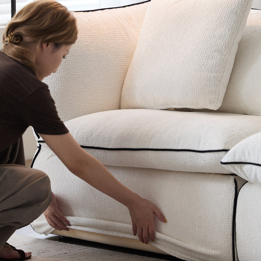 Minimalist chenille velvet fabric 3 seater sofa cloud in real life style.