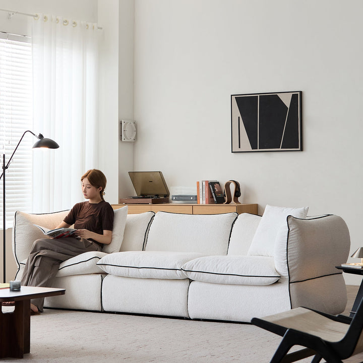 Minimalist chenille velvet fabric 4 seater sofa cloud primary product view.