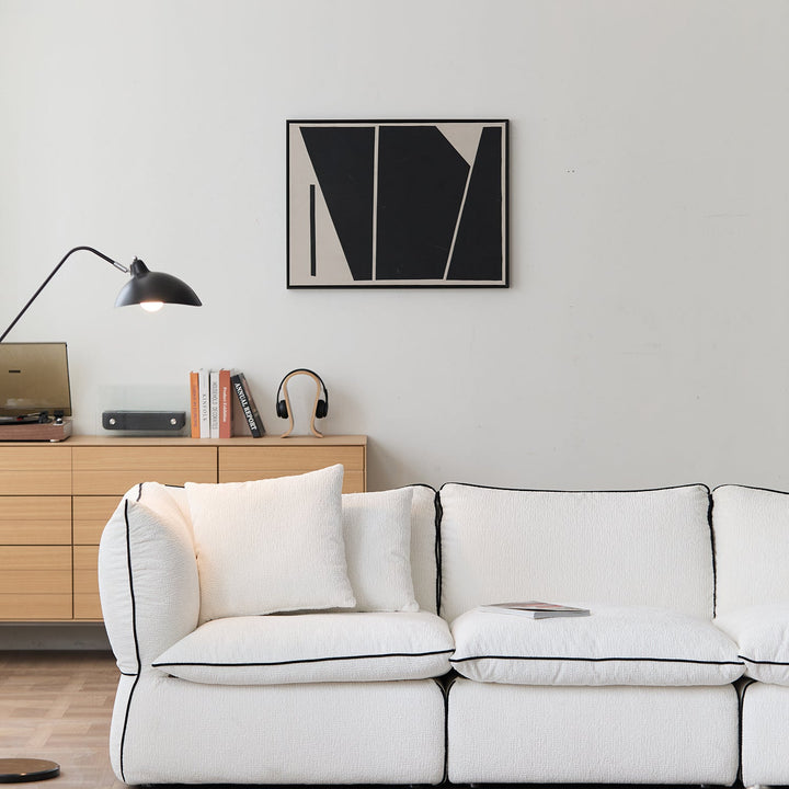 Minimalist chenille velvet fabric 4 seater sofa cloud color swatches.