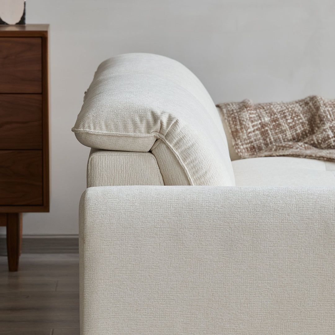 Minimalist chenille velvet fabric 4 seater sofa drift in close up details.