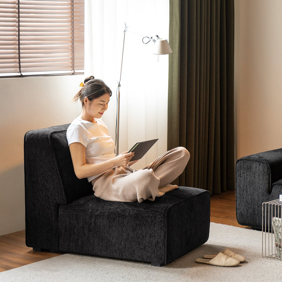 Minimalist chenille velvet fabric 4 seater sofa tufty time with context.