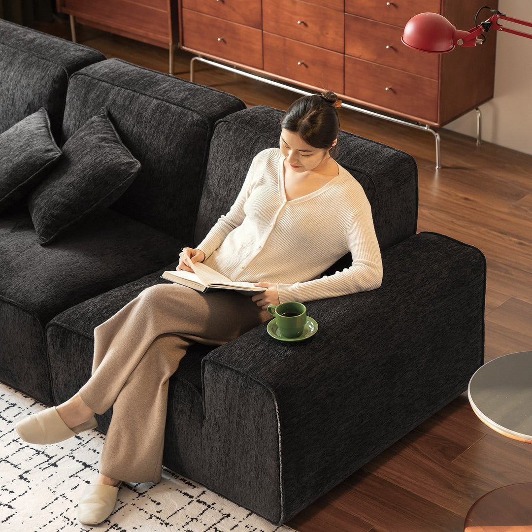 Minimalist chenille velvet fabric 4 seater sofa tufty time in details.