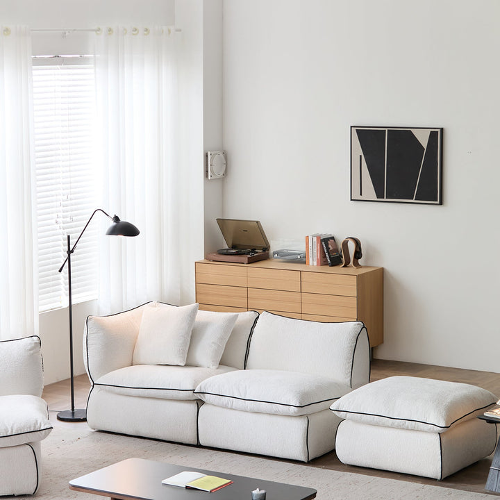 Minimalist chenille velvet fabric ottoman cloud in real life style.